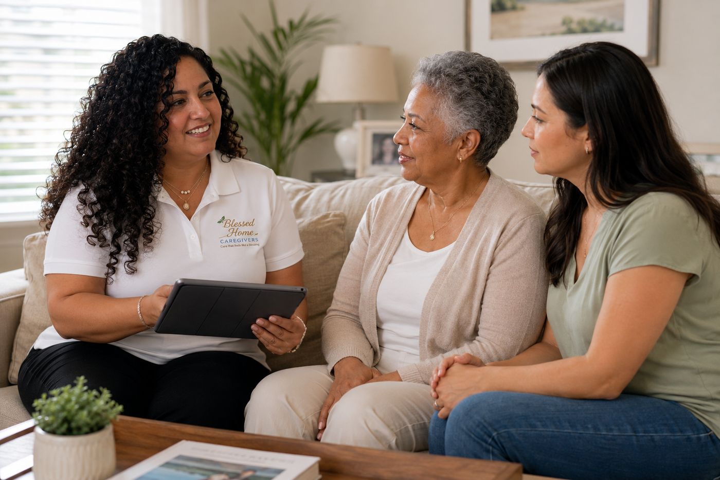 Lucinda Howard, Co-Founder of Blessed Home Caregivers, meeting with a prospective client and her daughter in their home during an onboarding consultation in Hillsborough County, FL