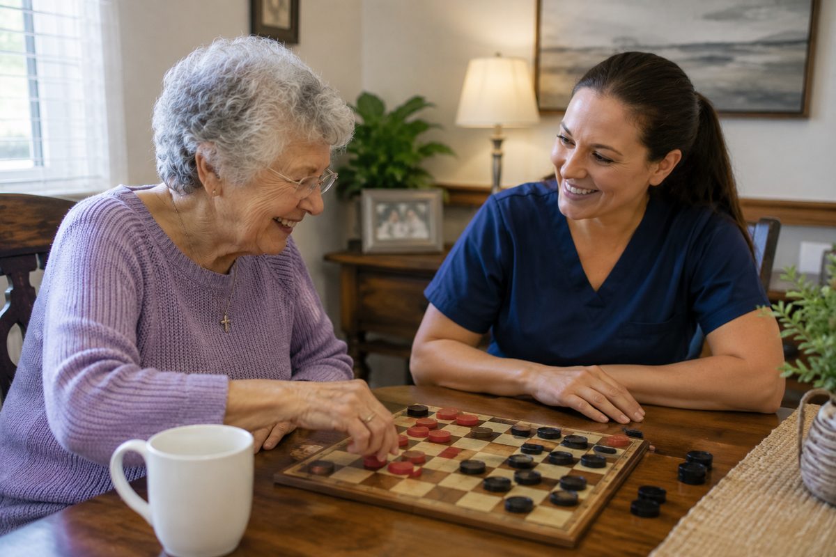 Caregiver in scrubs playing checkers with elderly woman at home, providing companionship and social interaction