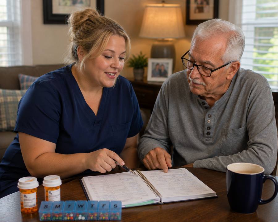 Caregiver in scrubs reviewing medication schedule and planner with elderly man at home, providing medication and appointment reminders in Hillsborough County, FL