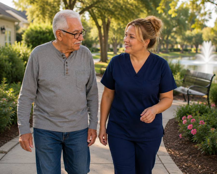 Caregiver in scrubs walking with elderly man outdoors, providing daily routine support in Hillsborough County, FL