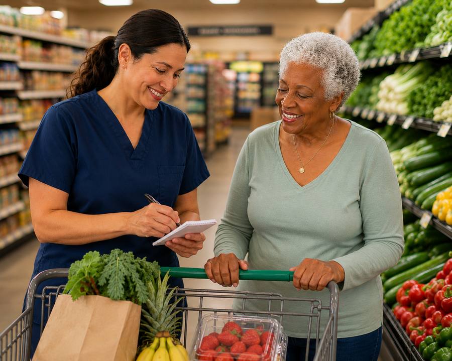 Caregiver in scrubs helping elderly woman with grocery shopping at store, providing errands and shopping assistance in Hillsborough County, FL
