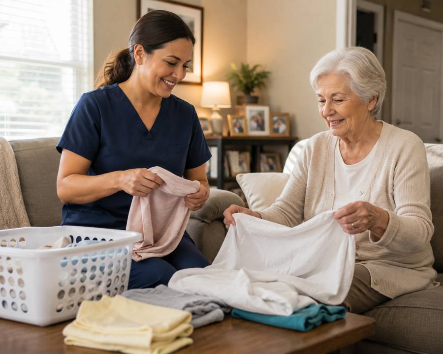 Caregiver in scrubs folding laundry with elderly woman at home, providing household task assistance in Hillsborough County, FL