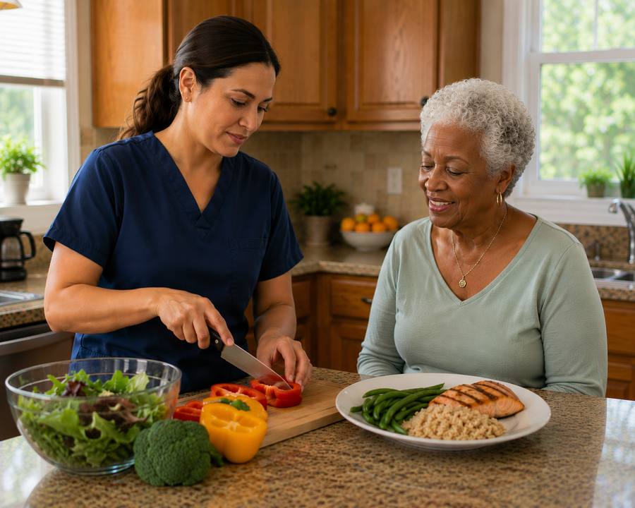 Caregiver in scrubs preparing a healthy meal with elderly woman at home, providing meal preparation and assistance in Hillsborough County, FL
