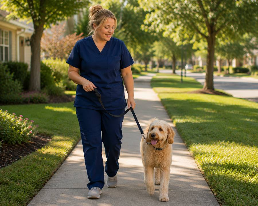 Caregiver in scrubs walking a dog on a residential sidewalk, providing incidental pet care in Hillsborough County, FL