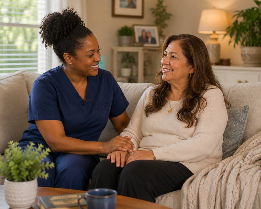 Caregiver in scrubs sitting with elderly woman on couch, providing respite care in Hillsborough County, FL