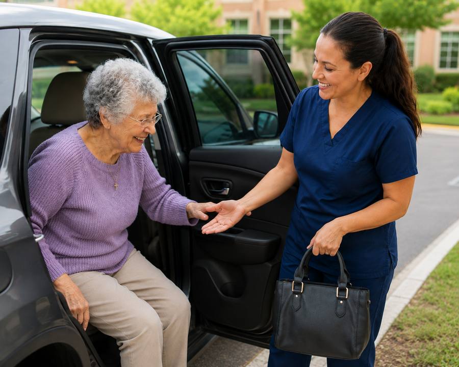 Caregiver in scrubs helping elderly woman out of vehicle, providing non-medical transportation in Hillsborough County, FL